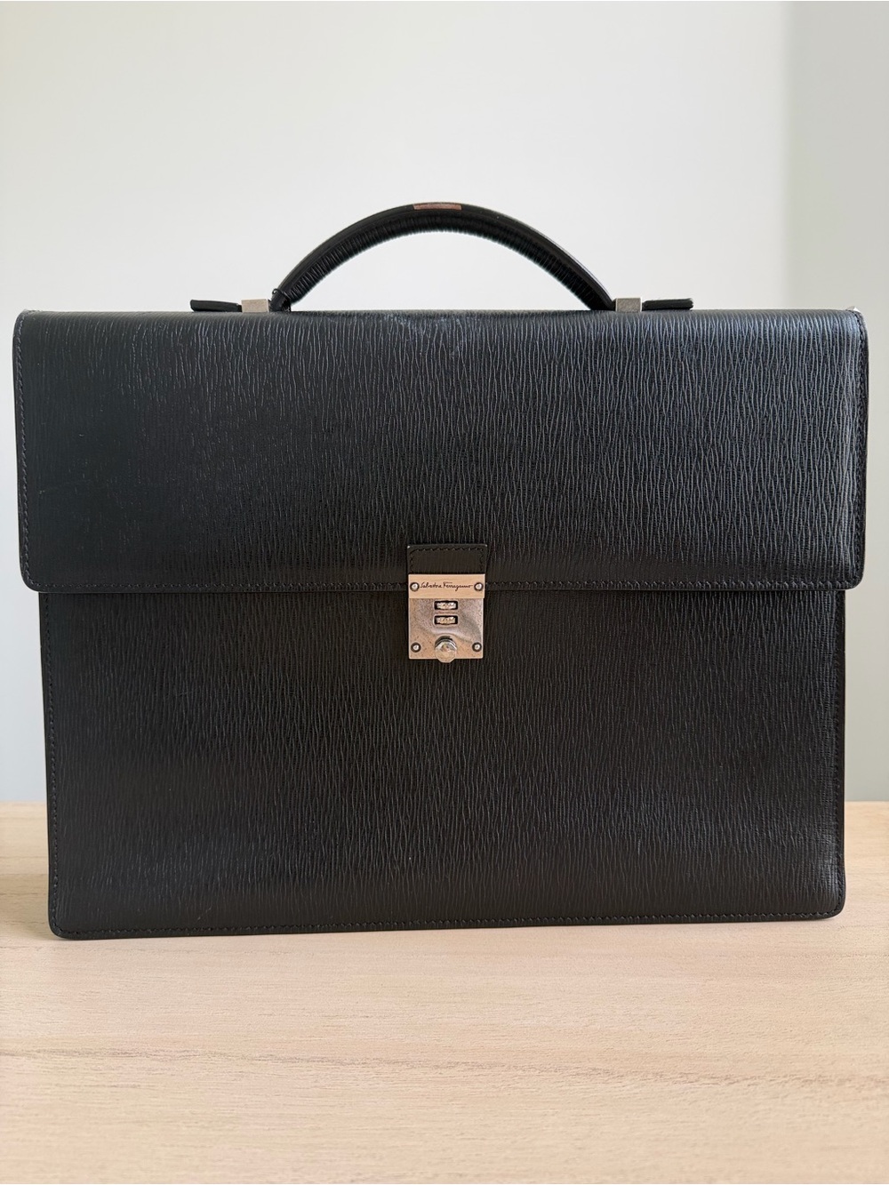 Salvatore Ferragamo Black Leather Men's Briefcase with Metal Lock